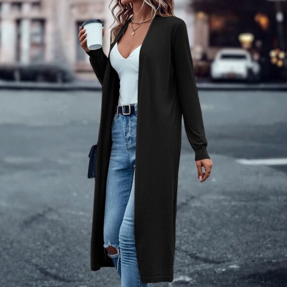 Black Casual Womens Solid Open Front Cardigan - Picture 1 of 5